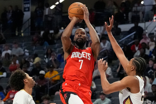 Houston Rockets forward Kevin Durant (7) shoots against the New Orleans Pelicans during the first half of an NBA preseason basketball game, Tuesday, Oct. 14, 2025, in Birmingham, Ala. (AP Photo/Mike Stewart) Houston Rockets forward Kevin Durant (7) shoots against the New Orleans Pelicans during the first half of an NBA preseason basketball game, Tuesday, Oct. 14, 2025, in Birmingham, Ala. (AP Photo/Mike Stewart)