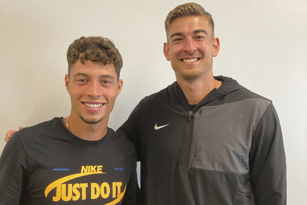 United States' men's national team soccer player Sebastian Berhalter, left, and Jonathan Klinsmann pose Friday, Sept. 5, 2025, in Morristown, N.J. (AP Photo/Ronald Blum)