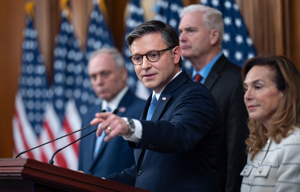 Speaker of the House Mike Johnson, R-La., and the House GOP leadership deliver the Republican message on the government shutdown, now in its ninth day, during a news conference at the Capitol in Washington, Thursday, Oct. 9, 2025. (AP Photo/J. Scott Applewhite)