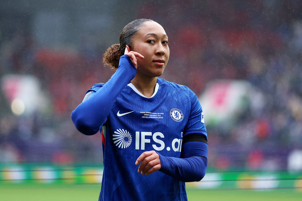 Chelsea's Lauren James celebrates scoring their side's first goal during the Women's League Cup final, in Bristol, England, Sunday, March 15, 2026. (Steve Paston/PA via AP)