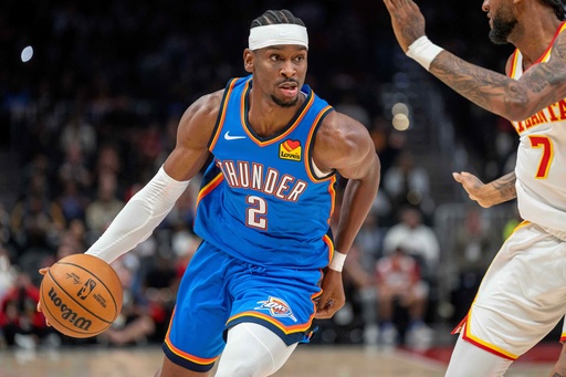 Oklahoma City Thunder guard Shai Gilgeous-Alexander (2) drives the ball down court during the first half of an NBA basketball game against the Atlanta Hawks, Saturday, Oct. 25, 2025, in Atlanta. (AP Photo/Erik Rank) Oklahoma City Thunder guard Shai Gilgeous-Alexander (2) drives the ball down court during the first half of an NBA basketball game against the Atlanta Hawks, Saturday, Oct. 25, 2025, in Atlanta. (AP Photo/Erik Rank)