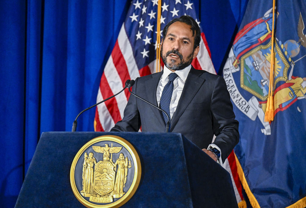FILE - Robert Mujica, budget director of the State of New York, answers budget questions during a news conference after Gov. Kathy Hochul presented her first executive state budget at the state Capitol, Jan. 18, 2022, in Albany, N.Y. (AP Photo/Hans Pennink, File)