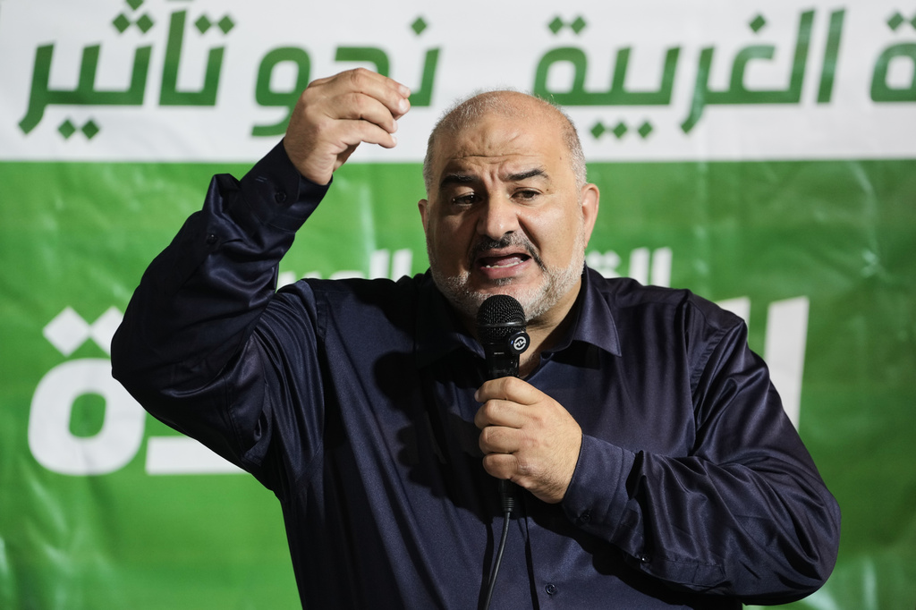 Israeli lawmaker Mansour Abbas, leader of the Ra'am party, speaks to supporters during a campaign event ahead of Israel's general election in the northern Israeli town of Baqa al-Gharbiyye, Thursday, Oct. 8, 2026. (AP Photo/Mahmoud Illean)