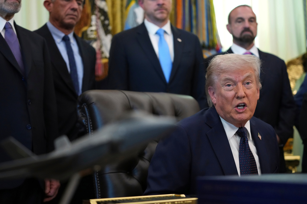 President Donald Trump speaks during an event on health care affordability in the Oval Office at the White House, Thursday, April 23, 2026, in Washington. (AP Photo/Mark Schiefelbein)