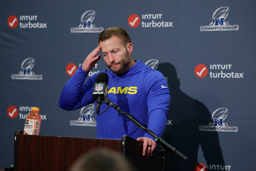 Los Angeles Rams head coach Sean McVay speaks during a news conference after the NFC Championship NFL football game against the Seattle Seahawks, Sunday, Jan. 25, 2026, in Seattle. (AP Photo/John Froschauer)