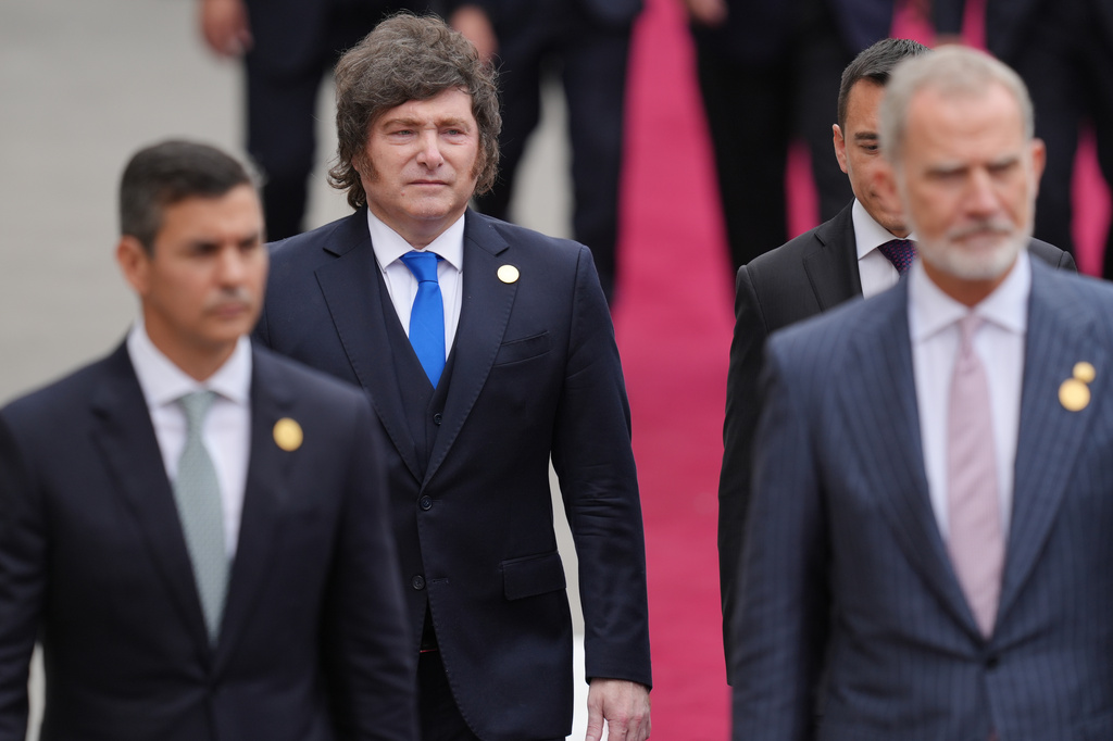 Argentina's President Javier Milei arrives at Congress for the inauguration of Peru's new President Keiko Fujimori in Lima, Peru, Tuesday, July 28, 2026. (AP Photo/Miguel Paredes)