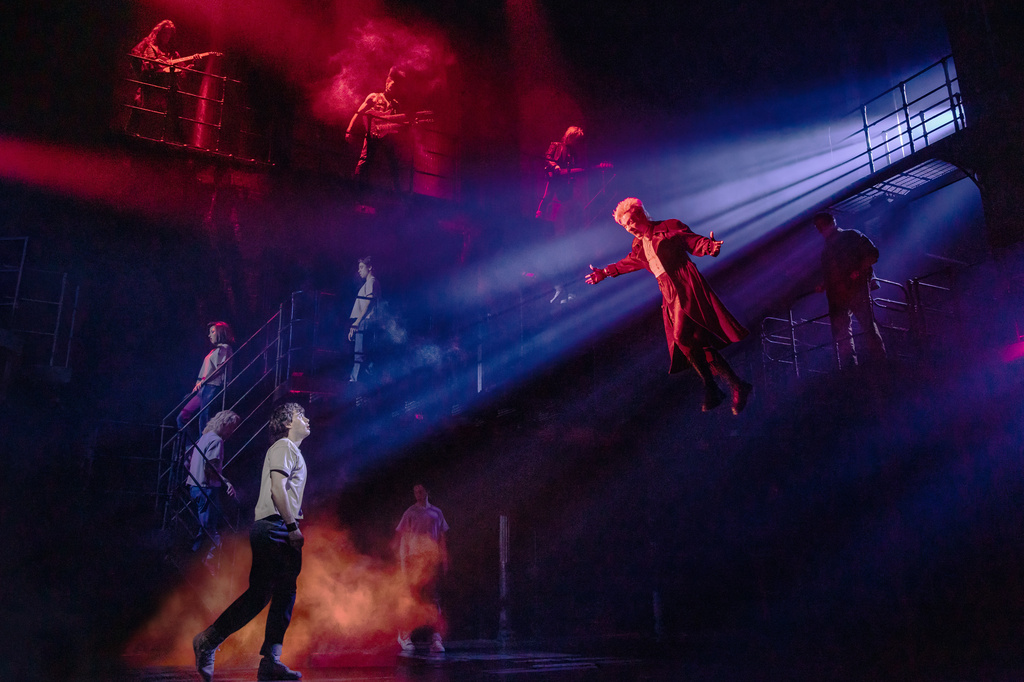 The Broadway cast of "The Lost Boys" appears during a performance in New York on March 25, 2026. (Matthew Murphy via AP)