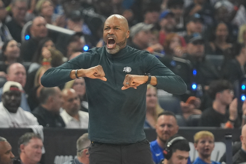 Orlando Magic head coach Jamahl Mosley directs his team against the Detroit Pistons during the first half in Game 6 of a first-round NBA basketball playoffs series, Friday, May 1, 2026, in Orlando, Fla. (AP Photo/John Raoux)