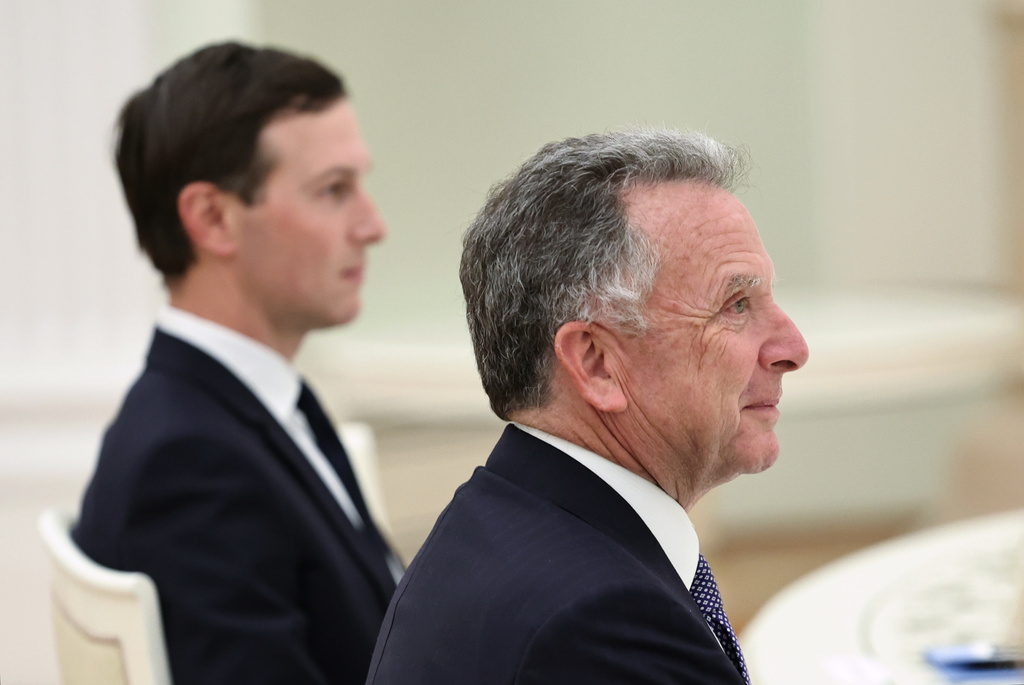 U.S. special envoy Steve Witkoff, foreground, and Jared Kushner, U.S. President Donald Trump's son-in-law, attend the talks with Russian President Vladimir Putin at the Senate Palace of the Kremlin in Moscow, Russia, Tuesday, Dec. 2, 2025. (Alexander Kazakov, Sputnik, Kremlin Pool Photo via AP)