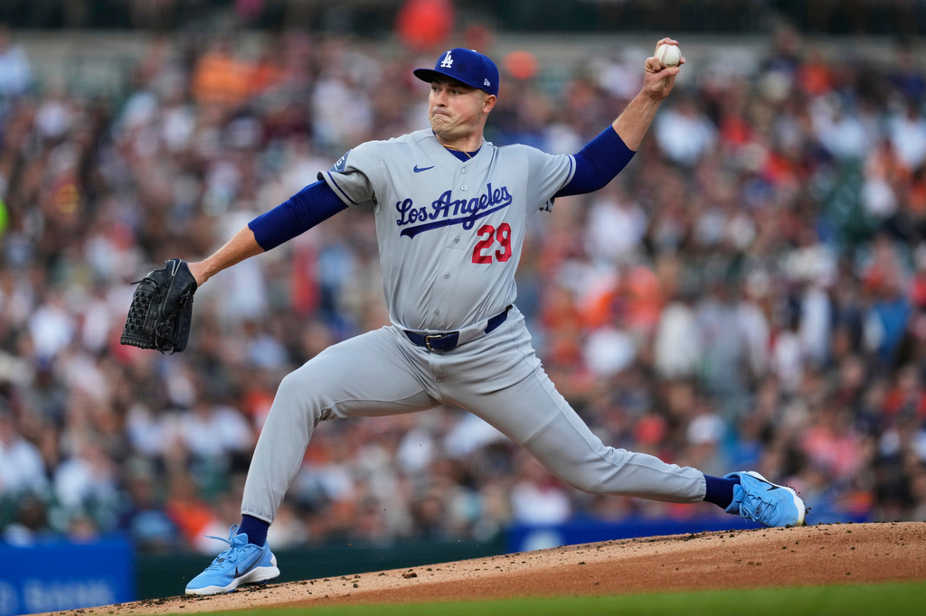 Los Angeles Dodgers pitcher Tarik Skubal throws against the Detroit Tigers during the first inning of a baseball game Friday, Aug. 28, 2026, in Detroit. (AP Photo/Paul Sancya)