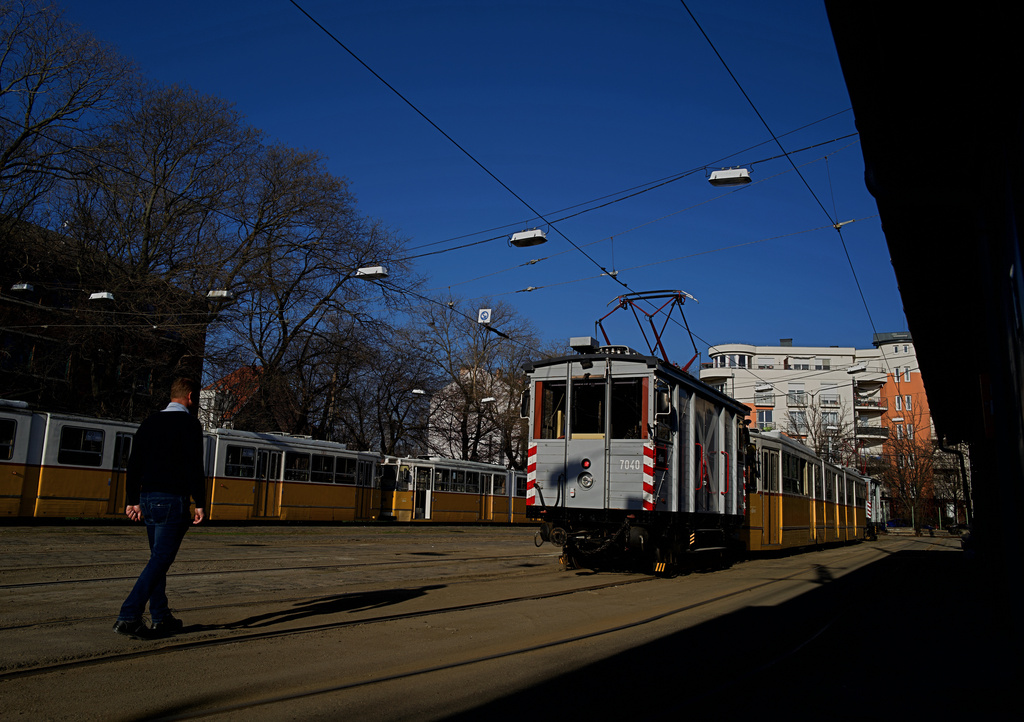 A century-old freight tram is parked in the Kelenfold tram depot in Budapest, Hungary on Thursday, March 12, 2026. (AP Photo/Bela Szandelszky)