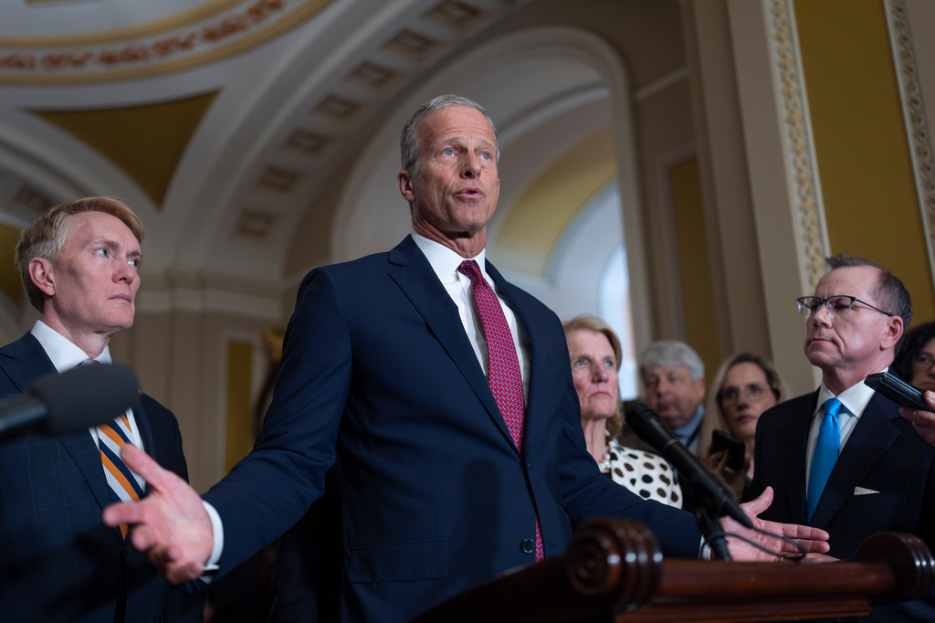 Senate Majority Leader John Thune, R-S.D., speaks to reporters at the Capitol in Washington, Tuesday, April 14, 2026. (AP Photo/J. Scott Applewhite)