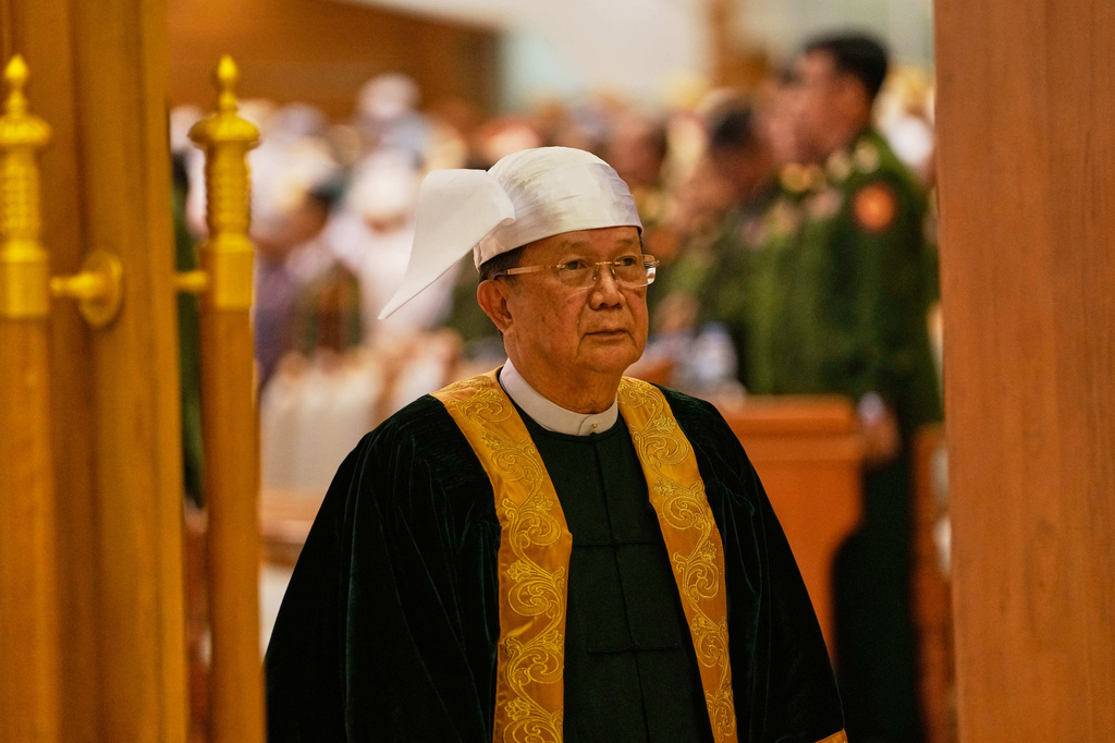 Parliament chairman Aung Lin Dwe leaves after attending a session of Union Parliament in Naypyitaw, Myanmar, Thursday, April 9, 2026. (AP Photo/Aung Shine Oo)