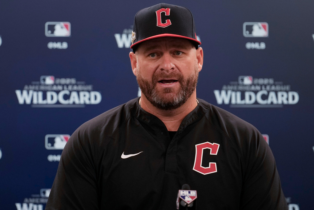 Cleveland Guardians manager Stephen Vogt speaks during a news conference following Game 1 of the American League Wild Card baseball playoff series against the Detroit Tigers in Cleveland, Tuesday, Sept. 30, 2025. (AP Photo/Sue Ogrocki)
