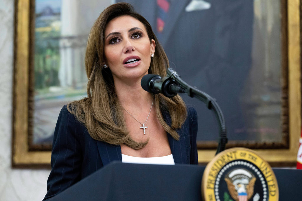 FILE - Alina Habba speaks after being sworn in as interim US Attorney General for New Jersey, in the Oval Office of the White House in Washington, on March 28, 2025. (Pool File via AP, file)
