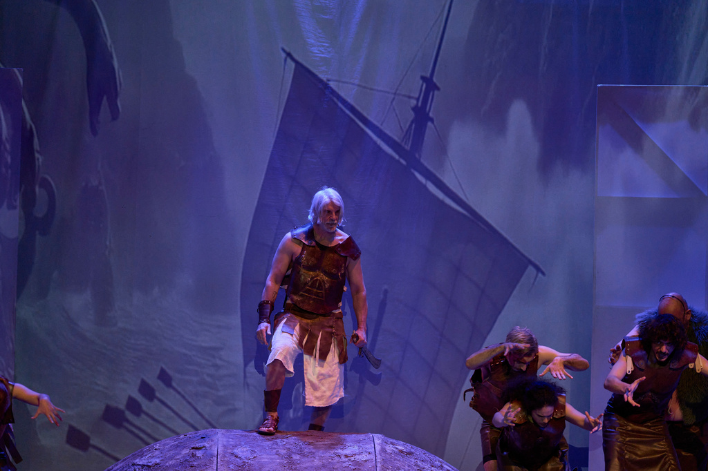 Actor Manos Pintzis, portraying Odysseus, performs a theatrical production of The Odyssey in Athens, Sunday, March 29, 2026. (AP Photo/Petros Giannakouris)