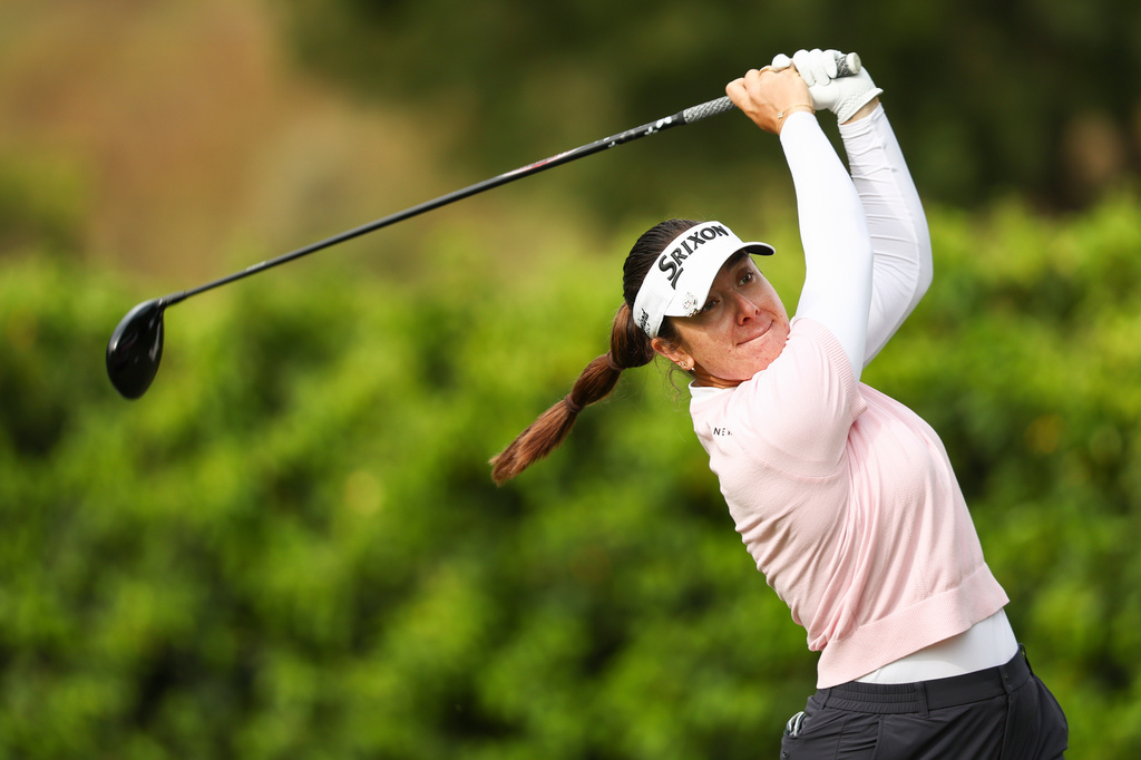 Hannah Green hits from the fourteenth tee during the first round of the LPGA's JM Eagle LA Championship golf tournament at El Caballero Country Club Thursday, April 16, 2026, in Los Angeles. (AP Photo/Jessie Alcheh)