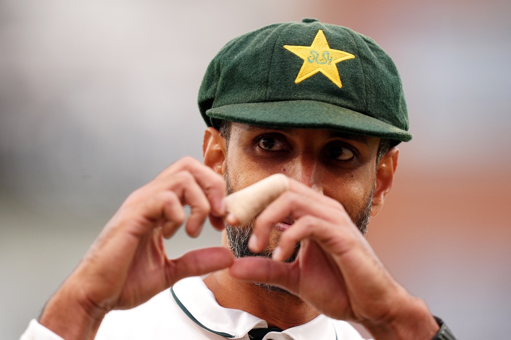 Pakistan's Shan Masood on day two of the first Test match between England and Pakistan in Leeds, England, Thursday Aug. 20, 2026. (Mike Egerton/PA via AP)