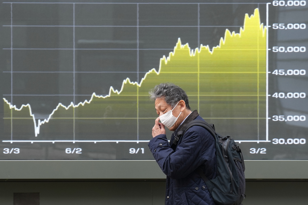 A person walks in front of an electronic stock board showing Japan's Nikkei index at a securities firm Friday, March 13, 2026, in Tokyo. (AP Photo/Eugene Hoshiko)