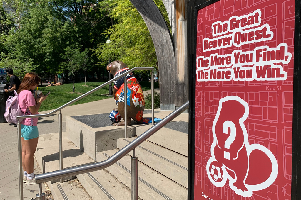 A beaver sculpture representing the United States that is part of The Great Beaver Quest, a World Cup-themed contest, stands in a park Thursday, June 4, 2026, in Toronto. (AP Photo/Mike Householder)