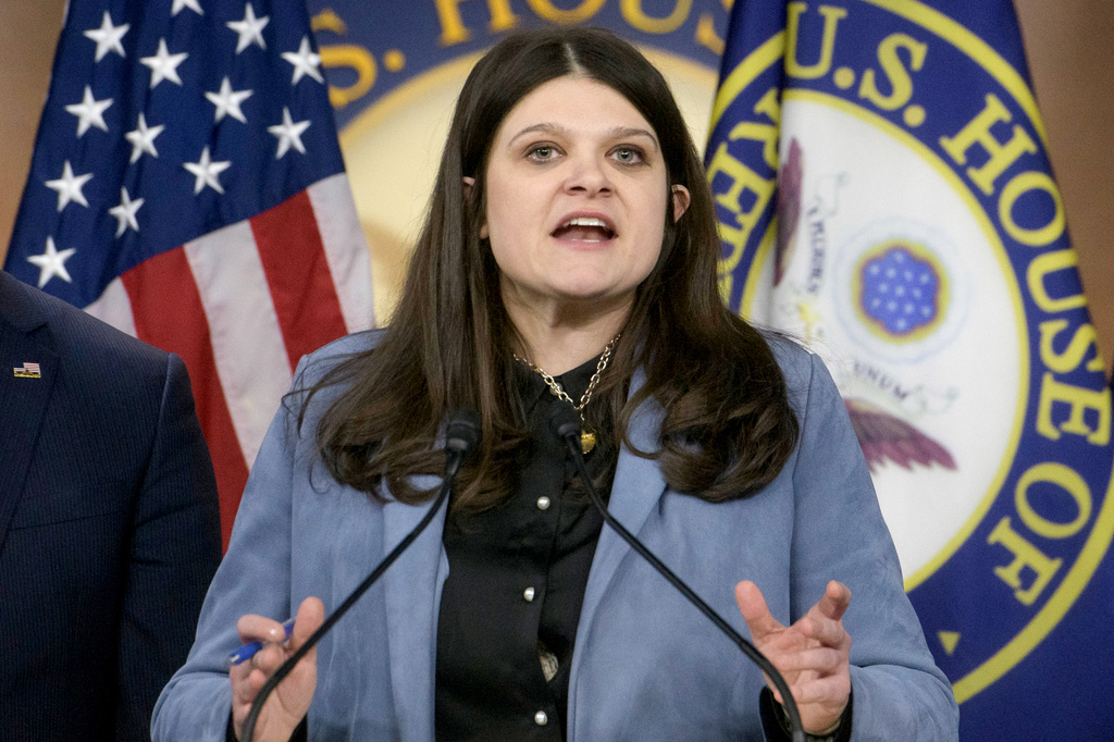 FILE - Rep. Haley Stevens, D-Mich., joined by House Minority Leader Hakeem Jeffries, D-N.Y., speaks during a press conference on Capitol Hill, Thursday, Feb. 6, 2025, in Washington. (AP Photo/Rod Lamkey, Jr., File)