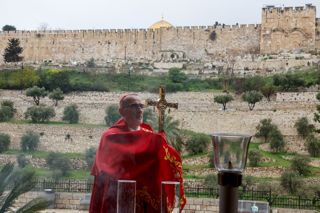 Cardinal Pierbattista Pizzaballa, the Latin Patriarch of Jerusalem, holds a prayer service to mark Palm Sunday in Jerusalem, Sunday, March 29, 2026. (Ammar Awad/Pool Photo via AP)