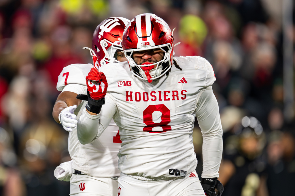FILE - Indiana defensive lineman Stephen Daley (8) reacts during an NCAA college football game against Purdue, Friday, Nov. 28, 2025, in West Lafayette, Ind. (AP Photo/Doug McSchooler,File)