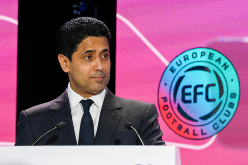 Nasser Al-Khelaifi EFC President speaks during the 32nd European Football Clubs General Assembly in Rome, Italy, Thursday Oct. 9, 2025. (Fabrizio Corradetti/LaPresse via AP) Nasser Al-Khelaifi EFC President speaks during the 32nd European Football Clubs General Assembly in Rome, Italy, Thursday Oct. 9, 2025. (Fabrizio Corradetti/LaPresse via AP)