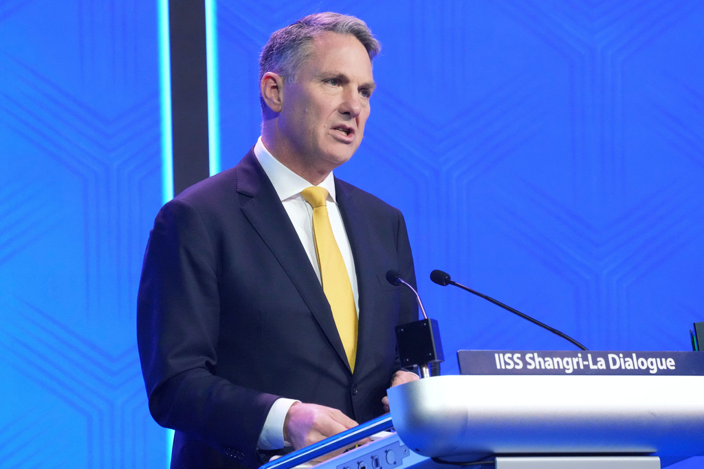 Australian Defence Minister Richard Marles delivers his address during the Shangri-La Dialogue, Asia's annual defense and security forum, in Singapore, Saturday, May 30, 2026. (AP Photo/Achmad Ibrahim)