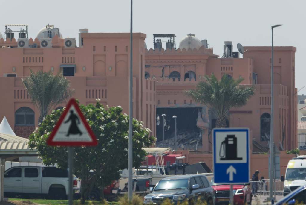 Damage is seen after an Israeli strike targeted a compound that hosted Hamas' political leadership in Doha, Qatar, Wednesday, Sept. 10, 2025. (AP Photo/Jon Gambrell)