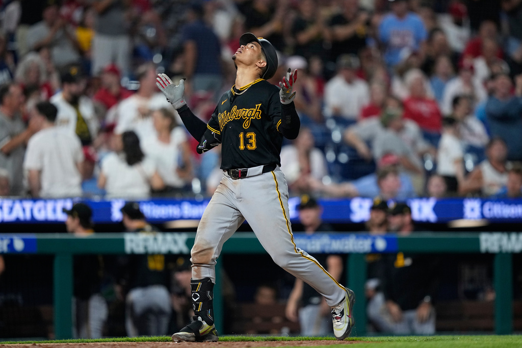 Pittsburgh Pirates' Endy Rodríguez reacts after hitting a three-run home run against Philadelphia Phillies pitcher Chase Shugart during the ninth inning of a baseball game Monday, June 29, 2026, in Philadelphia. (AP Photo/Matt Slocum)