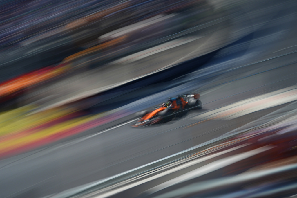 McLaren driver Lando Norris of Britain steers his car during the qualifying session ahead of the Spanish Formula One Grand Prix in Madrid, Saturday, Sept. 12, 2026. (AP Photo/Manu Fernandez)