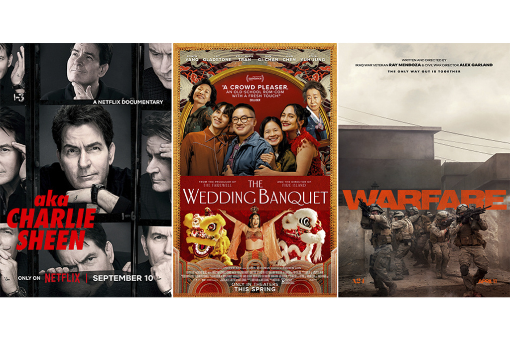 This combination of images shows promotional art for "aka Charlie Sheen," from left, "The Wedding Banquet," and "Warfare." (Netflix/Bleeker Street/HBO Max via AP)