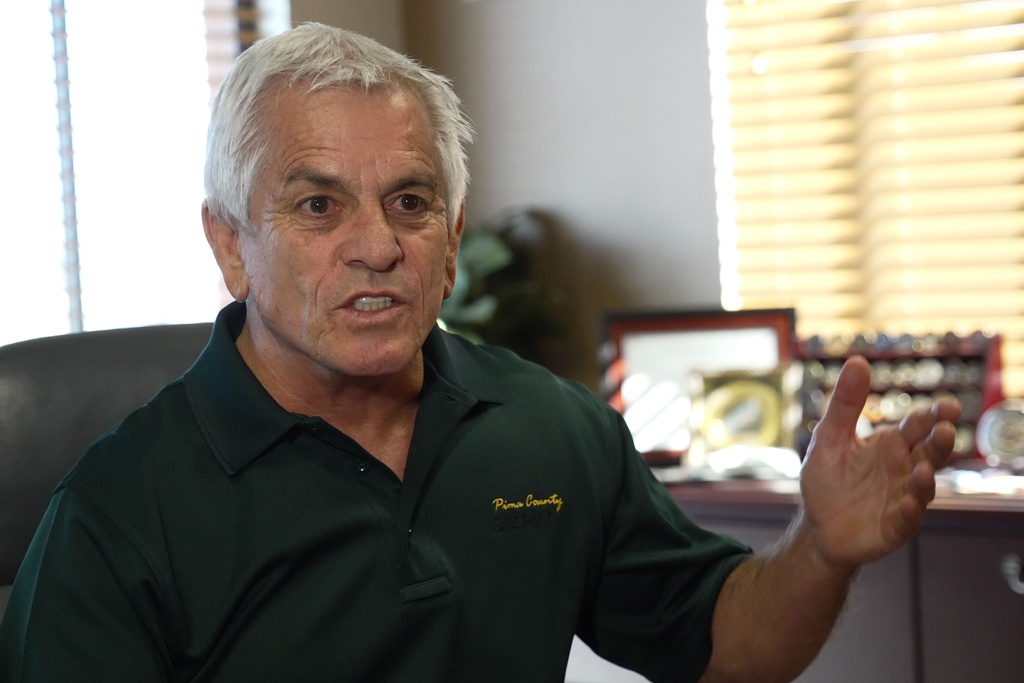 Pima County, Ariz., Sheriff Chris Nanos speaks with The Associated Press, Friday, Feb. 6, 2026, in Tucson, Ariz. (AP Photo/Ty ONeil)