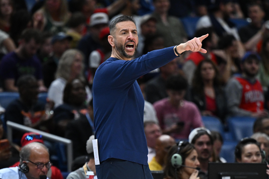 New Orleans Pelicans interim head coach James Borrego reacts in the first half of an NBA basketball game against the Milwaukee Bucks in New Orleans, Friday, Feb. 20, 2026. (AP Photo/Ella Hall)