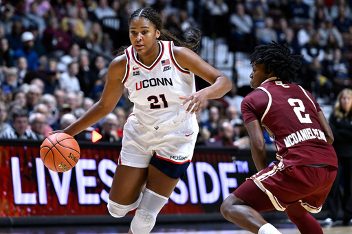 FILE - UConn's Sarah Strong in the second half of an exhibition NCAA college basketball game against Boston College, Monday, Oct. 13, 2025, in Uncasville, Conn. (AP Photo/Jessica Hill, File) FILE - UConn's Sarah Strong in the second half of an exhibition NCAA college basketball game against Boston College, Monday, Oct. 13, 2025, in Uncasville, Conn. (AP Photo/Jessica Hill, File)