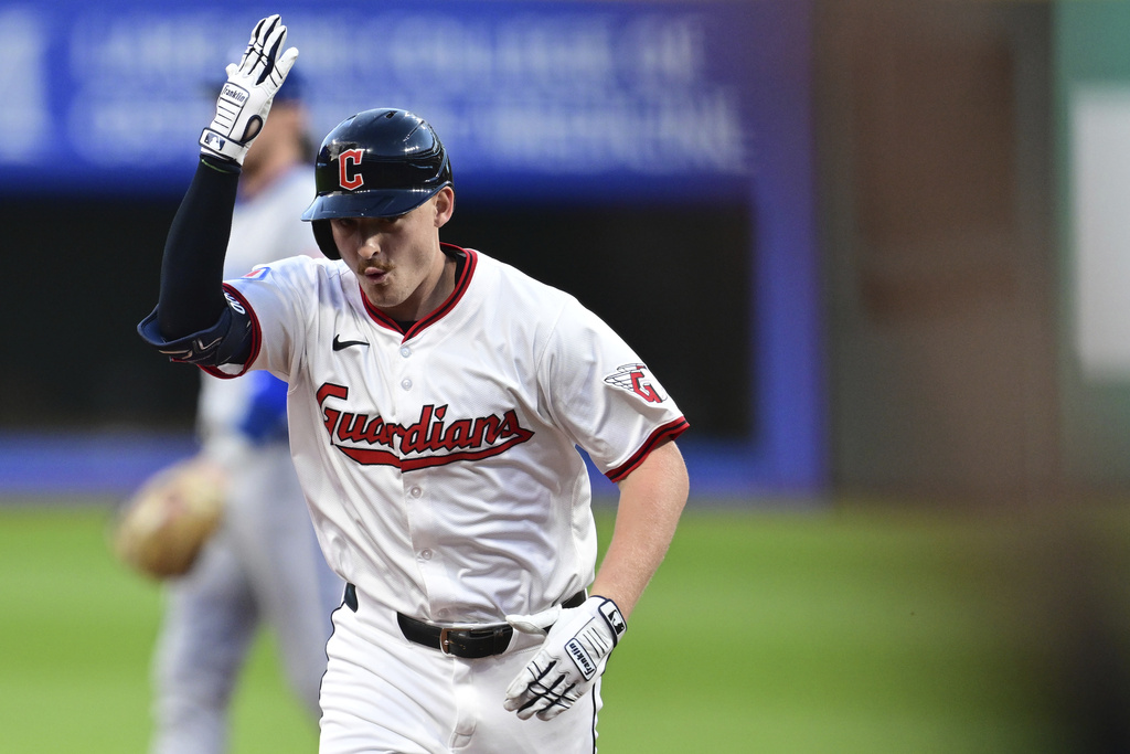 Cleveland Guardians' Kyle Manzardo runs the bases after hitting a two-run home run off Kansas City Royals pitcher Jonathan Bowlan during the first inning of a baseball game, Wednesday, Sept. 10, 2025, in Cleveland. (AP Photo/David Dermer)