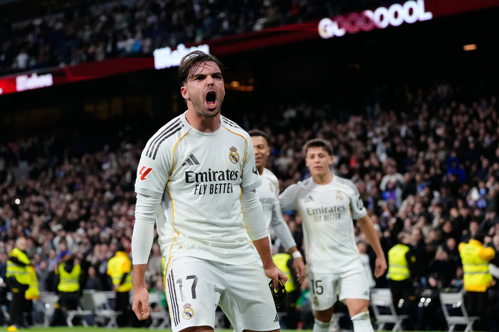 FILE - Real Madrid's Raul Asencio celebrates after scoring his side's second goal during the Spanish La Liga soccer match between Real Madrid and Levante in Madrid, Spain, on Jan. 17, 2026. (AP Photo/Jose Breton, File)