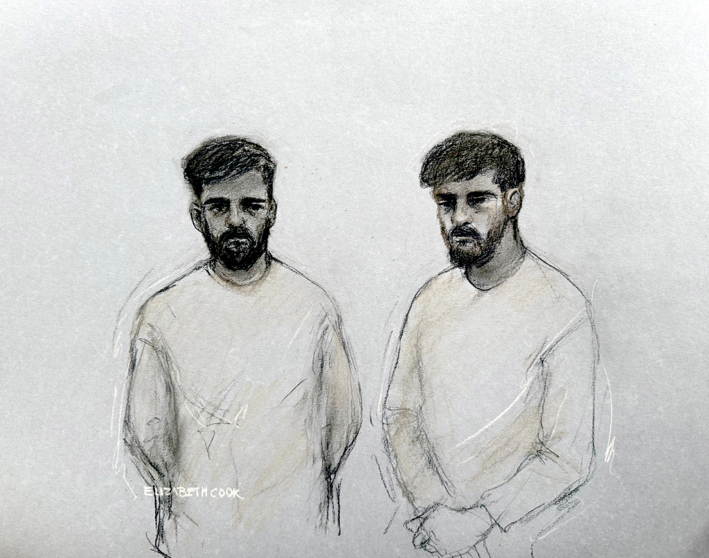 This is a court artist sketch by Elizabeth Cook of Iranian nationals of Salam Ahmadyan, 36, left, of Liverpool and Rahman Salehi, 34, of Salford who have been remanded in custody after appearing at Westminster Magistrates' Court on Saturday morning, Oct. 3, 2026, charged with preparation for terrorist acts over an alleged bomb plot against the Jewish community in Manchester. (Elizabeth Cook/PA via AP)