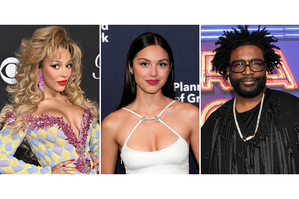 This combination of photos shows, from left, Doja Cat at the MTV Video Music Awards in Elmont, N.Y. on Sept. 7, Olivia Rodrigo the Planned Parenthood of Greater New York Spring into Action gala on April 24, 2025, and Questlove at the SNL50: The Homecoming Concert in New York on Feb. 14, 2025. (AP Photo)