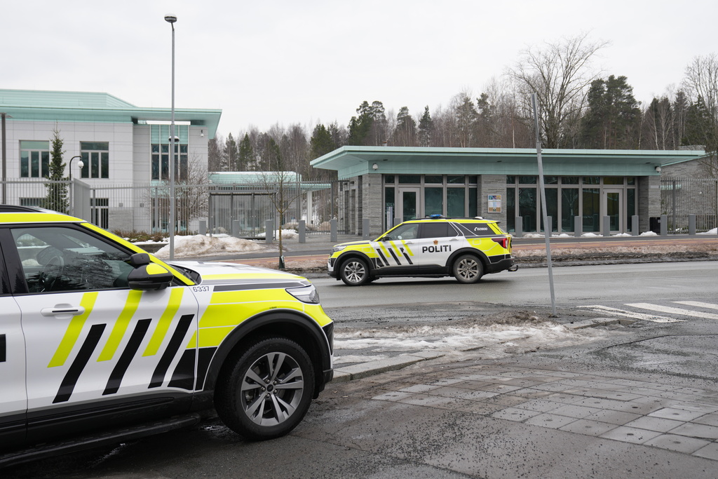 Police vehicles outside the U.S. Embassy in Oslo, Sunday, March 8, 2026. (Fredrik Varfjell/NTB Scanpix via AP)