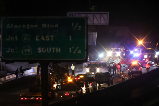 A medical helicopter is shown after it crashed on Highway 50 Monday, Oct. 6, 2025, in Sacramento, Calif. (AP Photo/Scott Marshall) A medical helicopter is shown after it crashed on Highway 50 Monday, Oct. 6, 2025, in Sacramento, Calif. (AP Photo/Scott Marshall)
