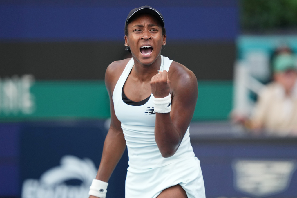 Coco Gauff celebrates a point against Karolina Muchova, of the Czech Republic, in the semifinals of the Miami Open tennis tournament, Thursday, March 26, 2026, in Miami Gardens, Fla. (AP Photo/Jim Rassol)