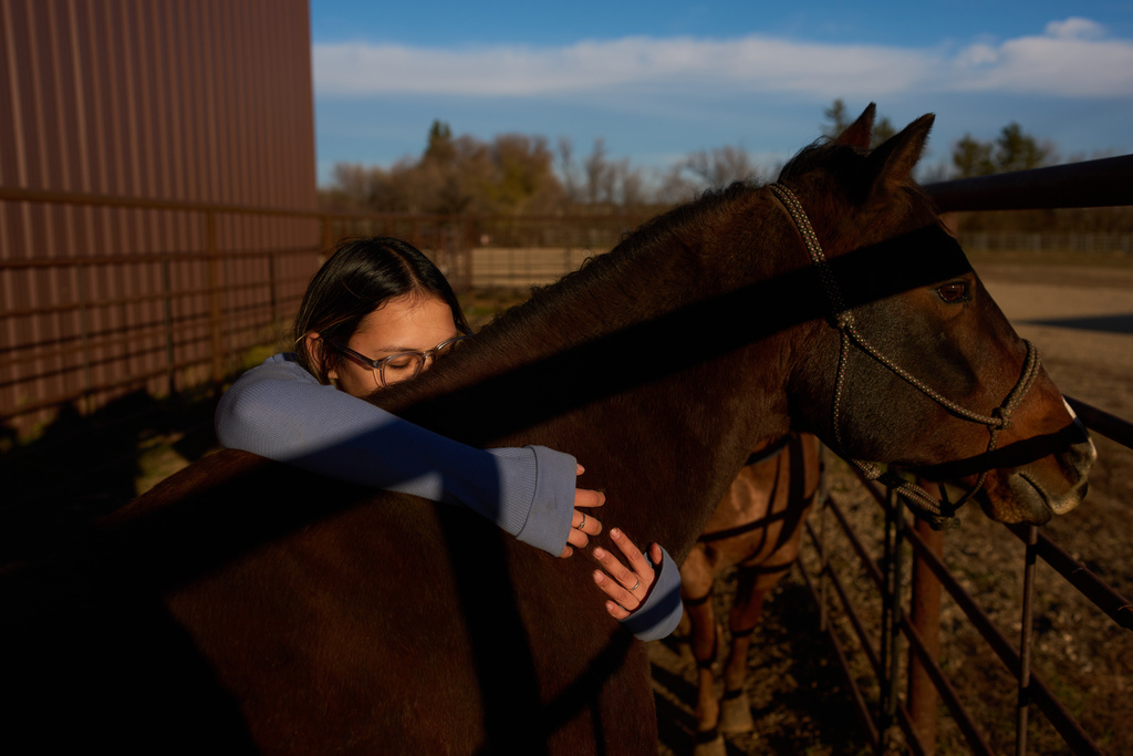 Sydney Diaz-Corral embraces a horse during a class in the Nueta Hidatsa Sahnish College equine studies program at the Healing Horse Ranch, Wednesday, Oct. 29, 2025, in Parshall, N.D. (AP Photo/John Locher)