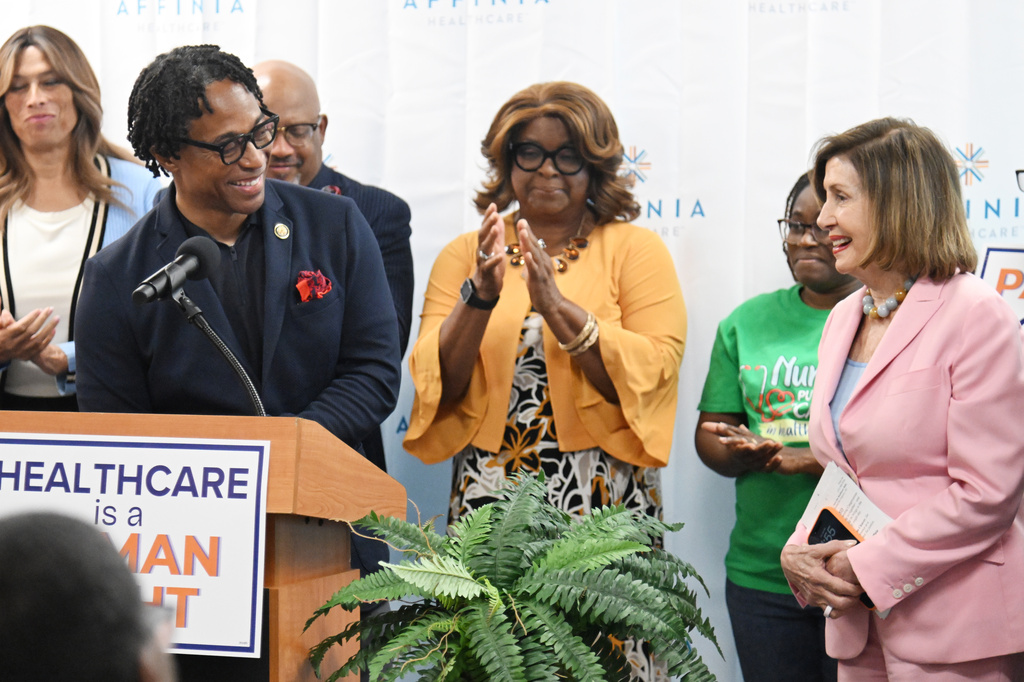 U.S. Rep. Nancy Pelosi, D-Calif., with U.S. Rep. Wesley Bell, D-Mo., at a healthcare rally hosted by Congressman Bell and Affinia Healthcare on Friday, July 24, 2026 in Ferguson, Mo. (AP Photo/Michael Thomas)