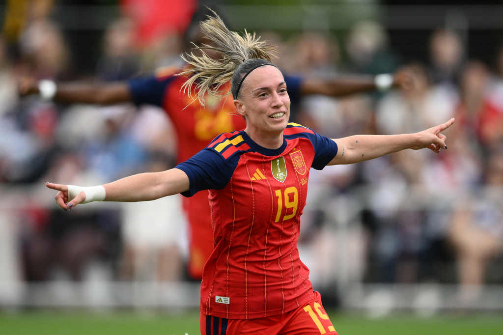 Spain forward Eva Navarro celebrates her goal during the first half of an international friendly soccer match against the United States, Saturday, Oct. 10, 2026, in Washington. (AP Photo/Nick Wass)