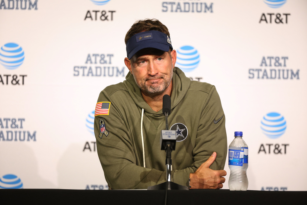 Dallas Cowboys head coach Brian Schottenheimer takes questions during a news conference after an NFL football game against the Arizona Cardinals Monday, Nov. 3, 2025, in Arlington, Texas. (AP Photo/Richard Rodriguez)