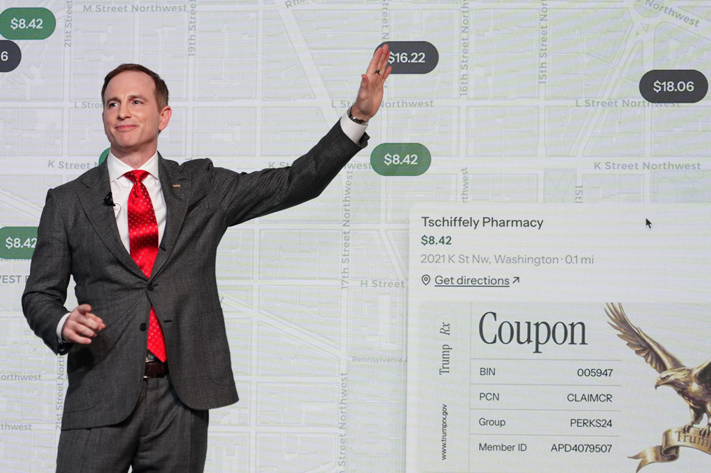 Joe Gebbia, the Chief Design Officer of the United States and the head of the National Design Studio, speaks about prescription drug prices during an event with President Donald Trump in the South Court Auditorium in the Eisenhower Executive Office Building on the White House campus, Monday, May 18, 2026, in Washington. (AP Photo/Julia Demaree Nikhinson)