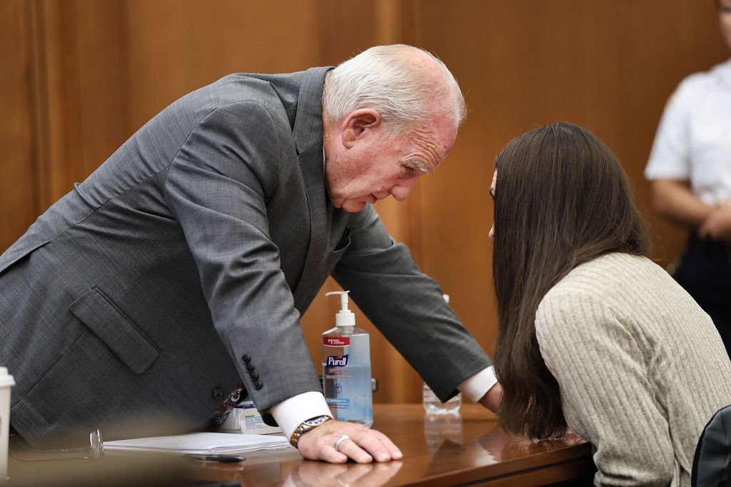 Defense attorney Kevin Reddington talks with Lindsay Clancy after a jury question during her trial in Plymouth, Mass., on Thursday, Sept. 3, 2026. (Greg Derr/The Patriot Ledger via AP, Pool)