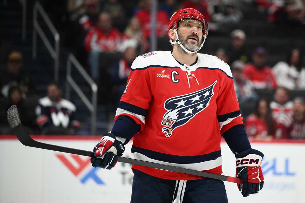 Washington Capitals left wing Alex Ovechkin looks on during the second period of an NHL hockey game against the New Jersey Devils, Saturday, Nov. 15, 2025, in Washington. (AP Photo/Nick Wass)